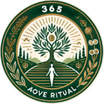 Logo del proyecto 365 DÍAS DE AOVE Ritual con un árbol de olivo y diseño elegante en tonos verdes y dorados.