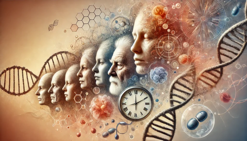 Representación artística del envejecimiento humano, mostrando las etapas de la vida y los procesos biológicos implicados, como el ADN, las mitocondrias y el paso del tiempo. Perfecta para ilustrar teorías sobre el envejecimiento.