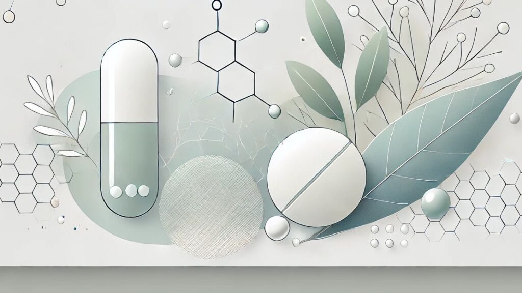 Imagen minimalista que representa la relación entre suplementos, moléculas y naturaleza, diseñada como cabecera para un artículo sobre longevidad y bienestar. Incluye una cápsula, hojas y estructuras moleculares en tonos suaves y modernos.