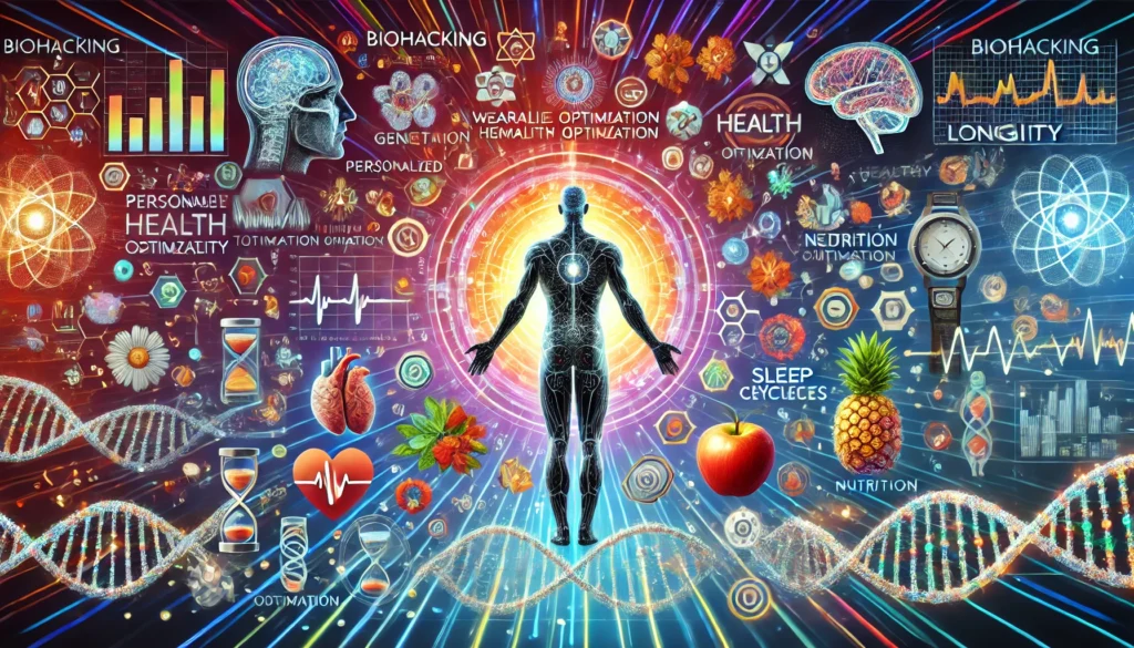 Representación visual de biohacking y longevidad, con elementos de tecnología portátil, nutrición, meditación, secuencias genéticas y bienestar.