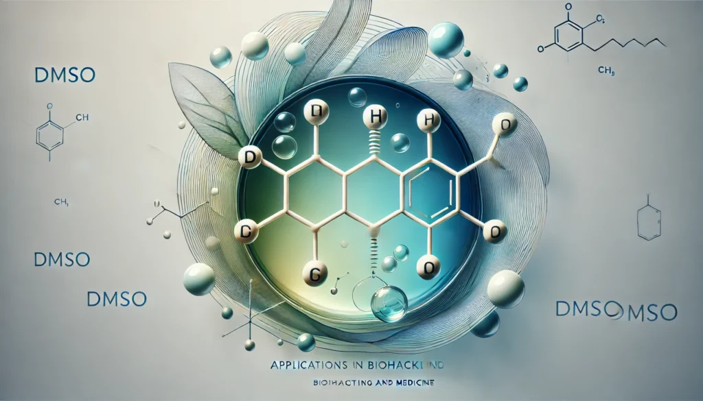Una imagen profesional que presenta la estructura química del DMSO (Dimetilsulfóxido) sobre un fondo blanco con un degradado de azul y verde, simbolizando salud y ciencia. Incluye moléculas estilizadas integradas artísticamente en el diseño, junto con un texto superpuesto que dice: "DMSO: Aplicaciones en Biohacking y Medicina". La estética transmite confianza, innovación y rigor científico.