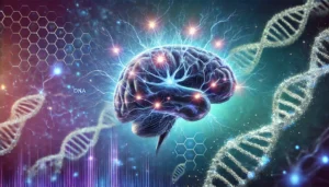 Ilustración futurista de neuronas brillantes con bioelectricidad, representando la neuroprotección y la longevidad en el biohacking.