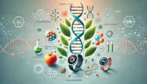 Ilustración conceptual moderna que muestra símbolos de moléculas de ADN, células rejuveneciendo, dispositivos tecnológicos como pulseras inteligentes para el monitoreo de salud, y plantas medicinales destacadas por sus propiedades antioxidantes. Los colores claros y frescos reflejan bienestar, vitalidad, tecnología avanzada y un enfoque integral hacia la longevidad y el biohacking, destacando la sinergia entre ciencia, naturaleza y hábitos saludables.