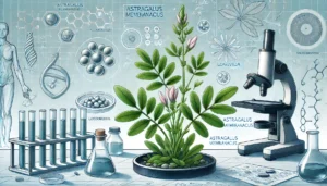 Ilustración científica detallada de la planta Astragalus membranaceus en un laboratorio, con microscopio y elementos visuales alusivos a telómeros y células.